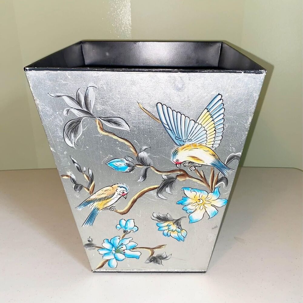 Vintage Silver Foil Waste Basket Birds Flowers